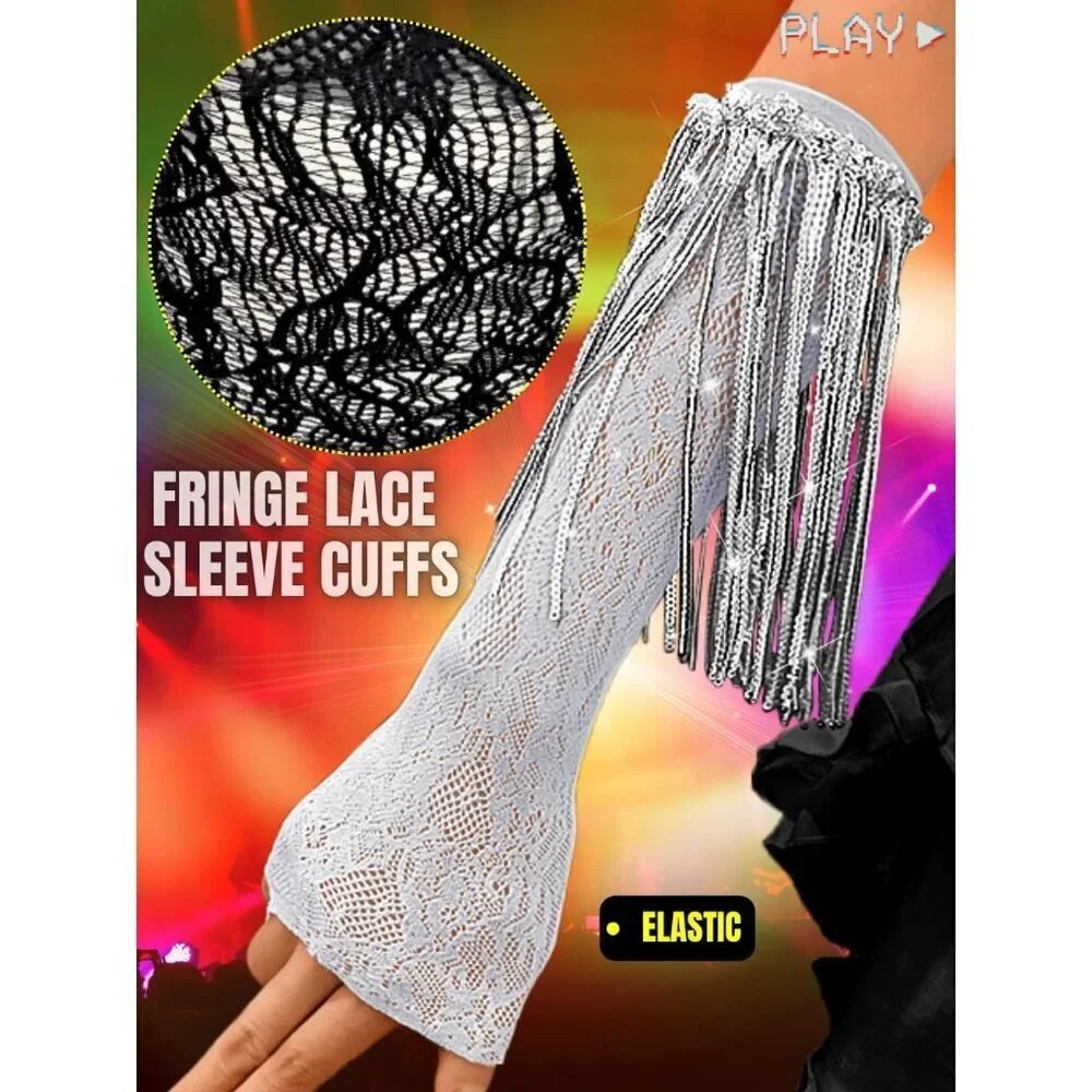 Women's Sparkly Sequin Gray Fingerless Fringe Lace Arm Sleeves Party Gloves
